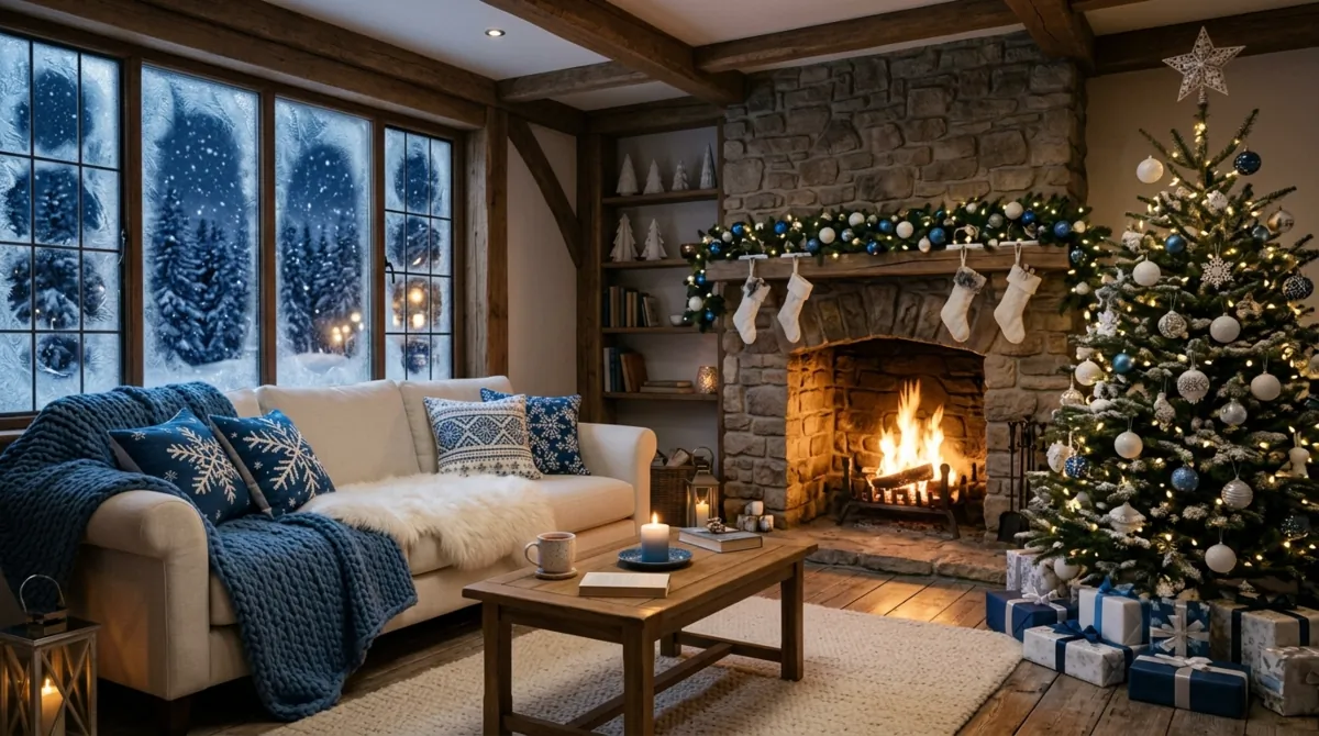 Snowy Christmas living room with frosted windows, blue white decor, fireplace, and blankets.