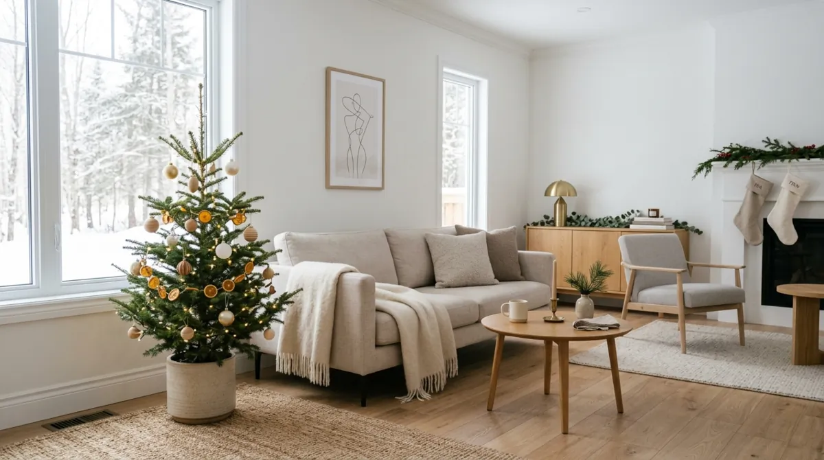 Minimal Christmas living room with sparse decor, small natural tree, neutral palette, and modern furniture.