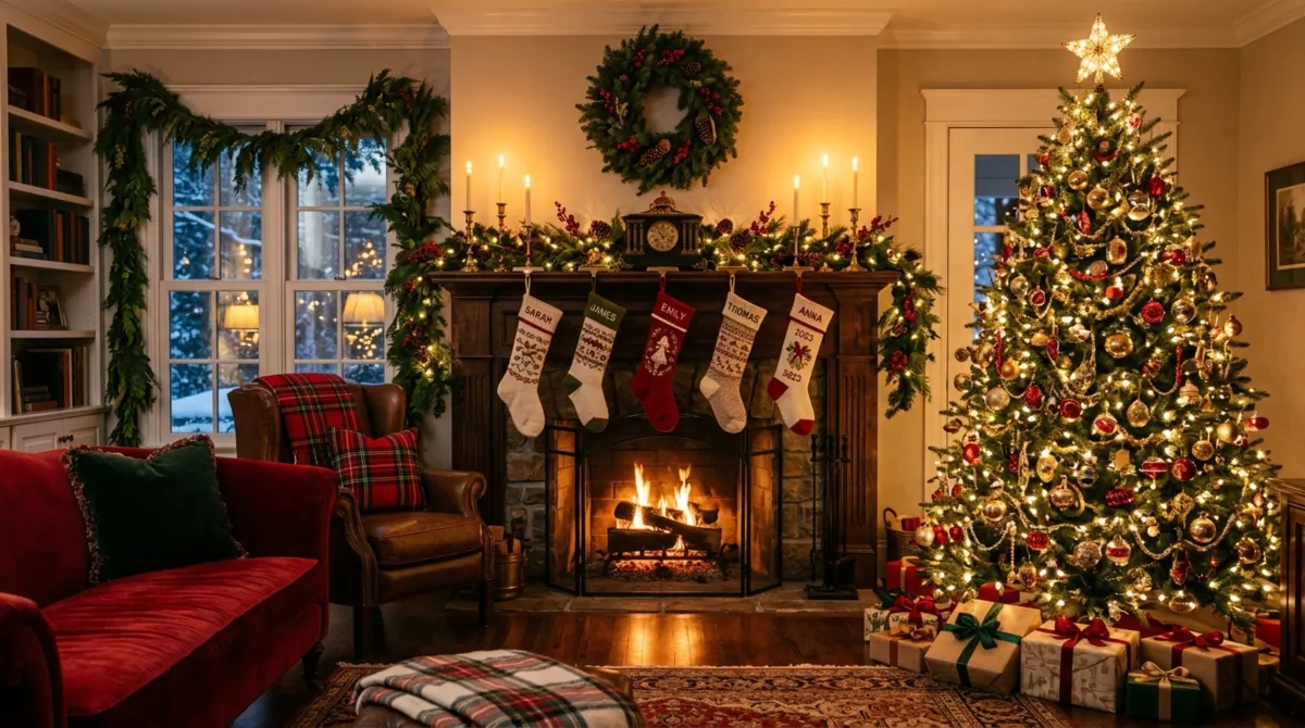 Classic Christmas living room with stockings, evergreen garlands, candles, and decorated tree.