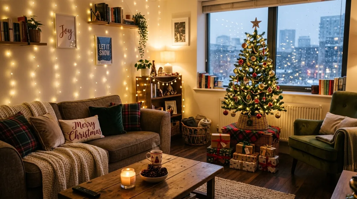 Apartment Christmas living room with compact tree, fairy lights, gifts, and warm glow.