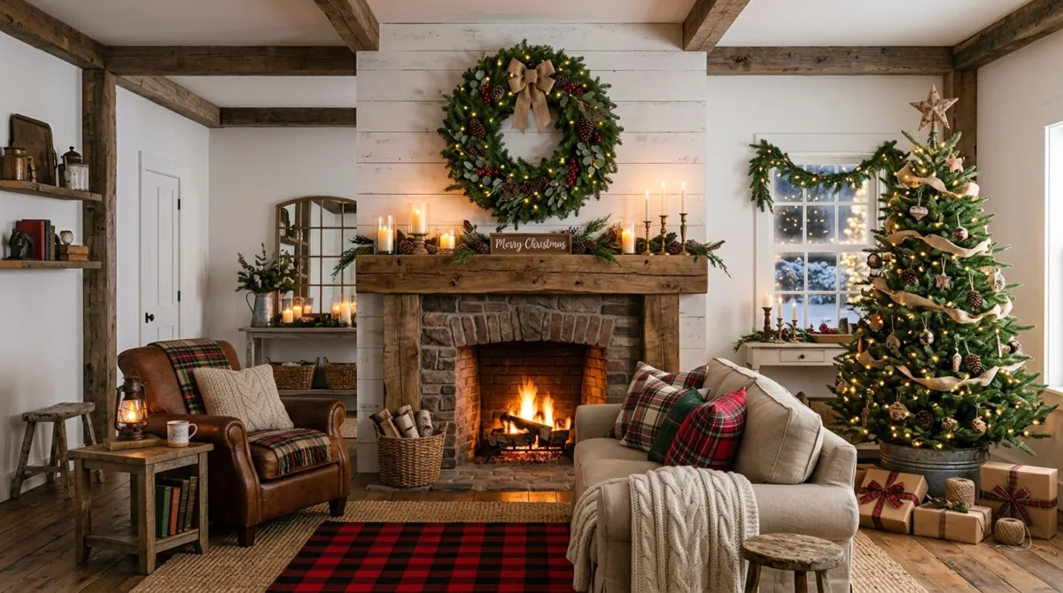 Farmhouse chic Christmas living room with reclaimed wood, plaid textiles, wreath, and candles.