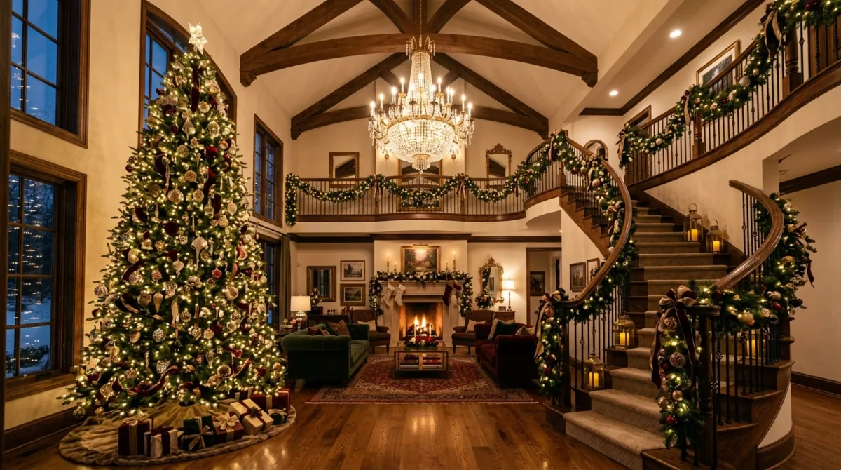 Grand Christmas living room with tall ceiling, oversized tree, staircase, ornaments, and chandelier.
