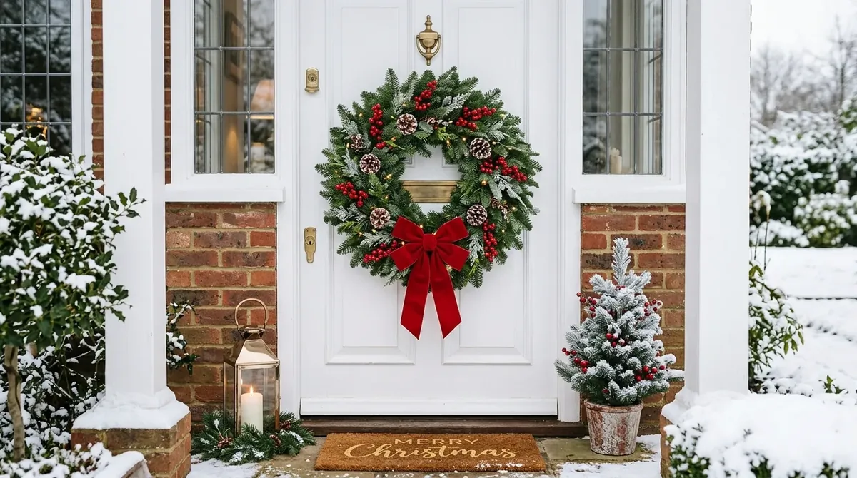 Classic Christmas wreath with evergreen, red berries, pinecones, and velvet bow on a white front door.