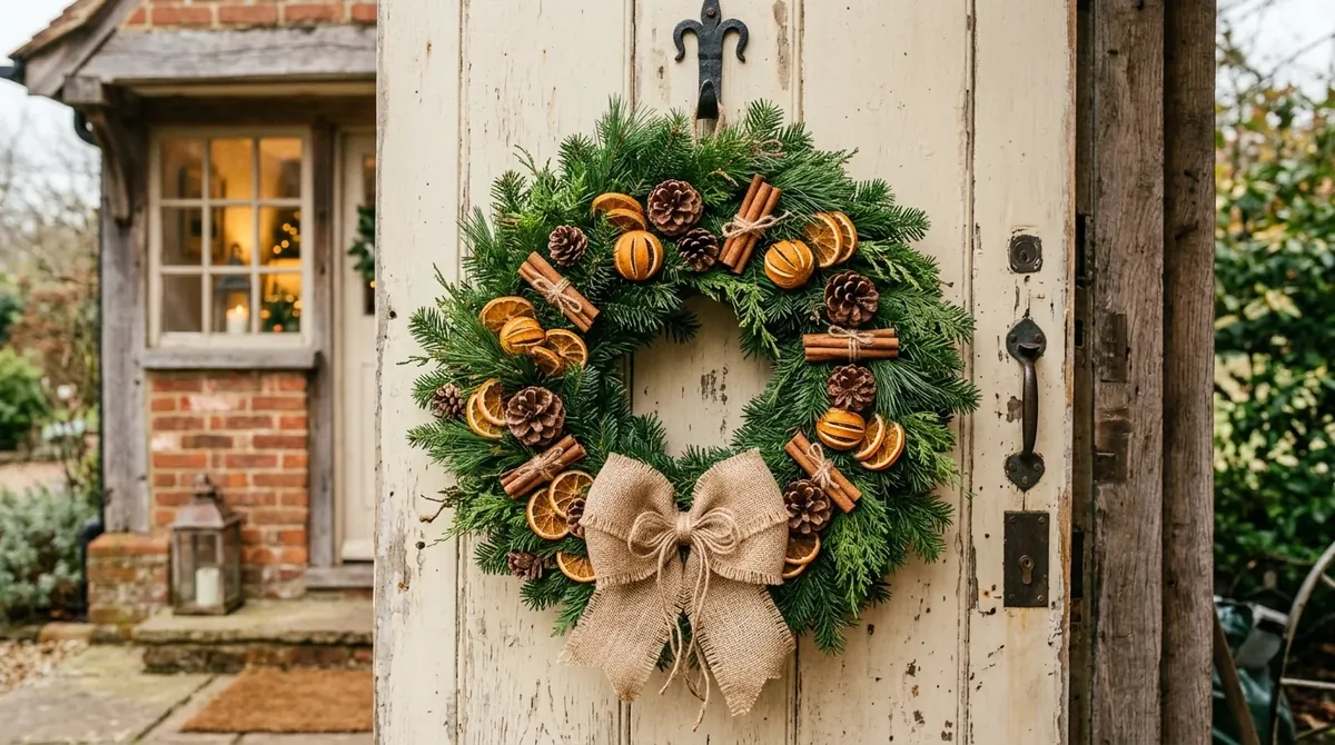 Rustic farmhouse Christmas wreath with pine, burlap bow, dried oranges, cinnamon, and pinecones.