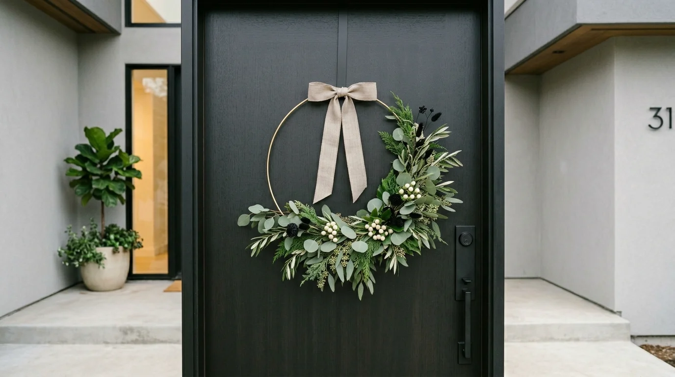 Modern minimalist Christmas wreath with asymmetrical greenery, matte accents, and neutral ribbon.