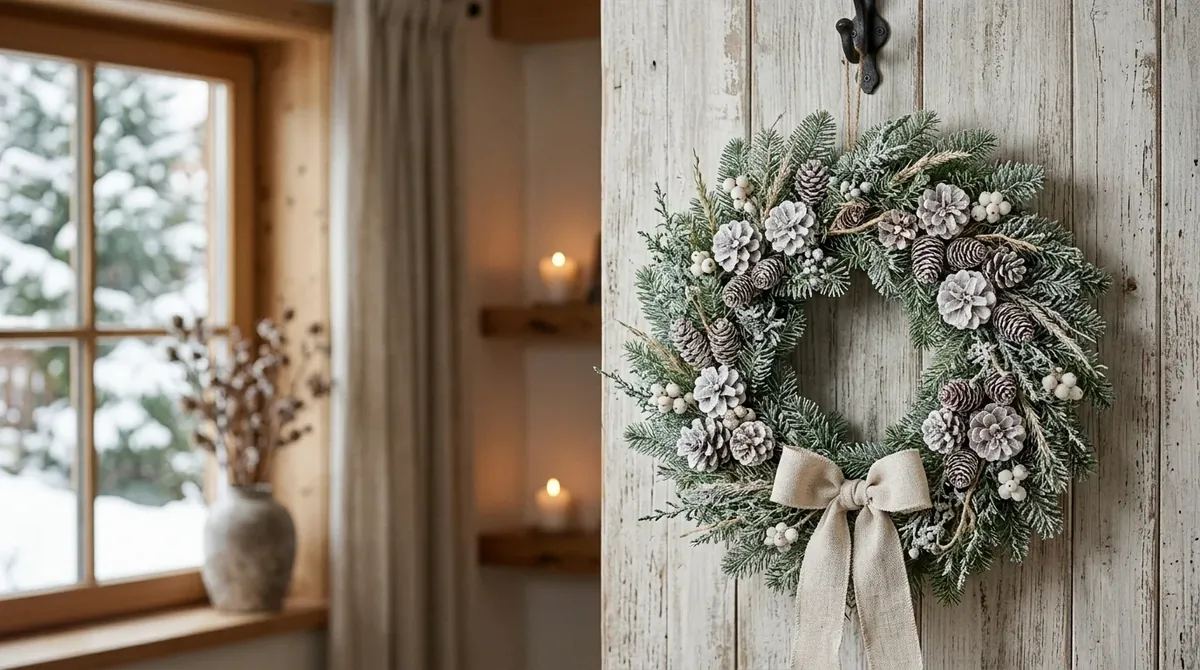 Scandinavian Christmas wreath with fir branches, white pinecones, linen bow, and frosted finish.