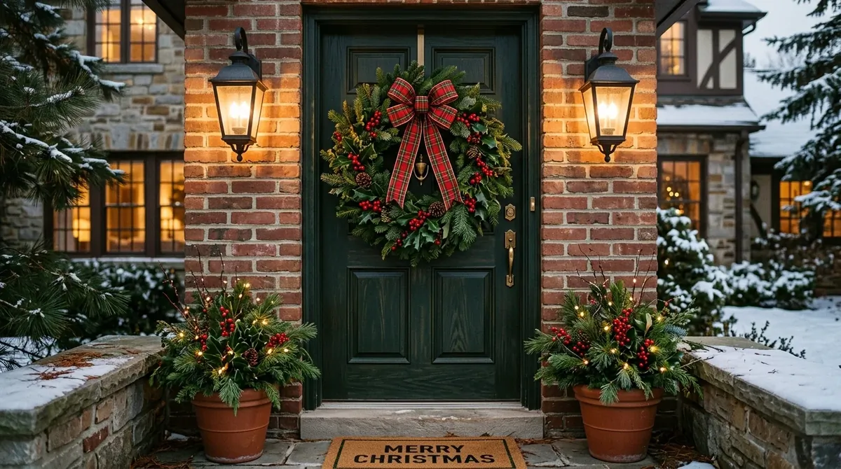 Traditional Christmas wreath with evergreen, holly berries, plaid ribbon, and warm porch lanterns.