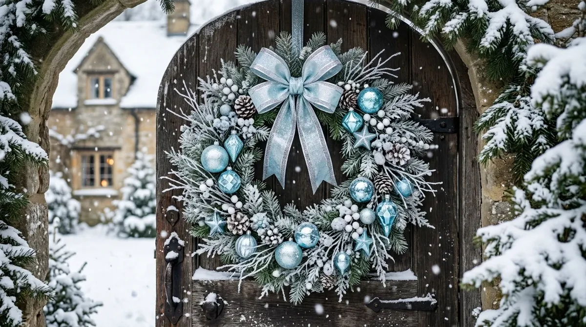 Frosted Christmas wreath with icy blue ornaments, silver twigs, and snowy magical finish.