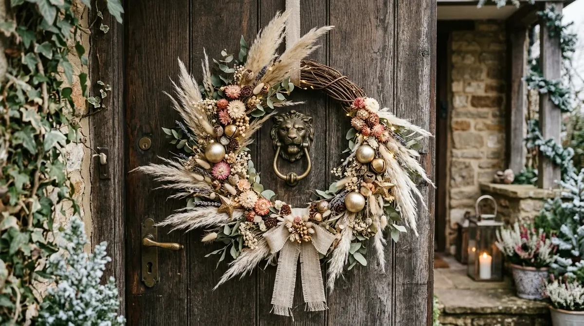 Bohemian Christmas wreath with dried flowers, pampas grass, muted gold ornaments, and natural tones.