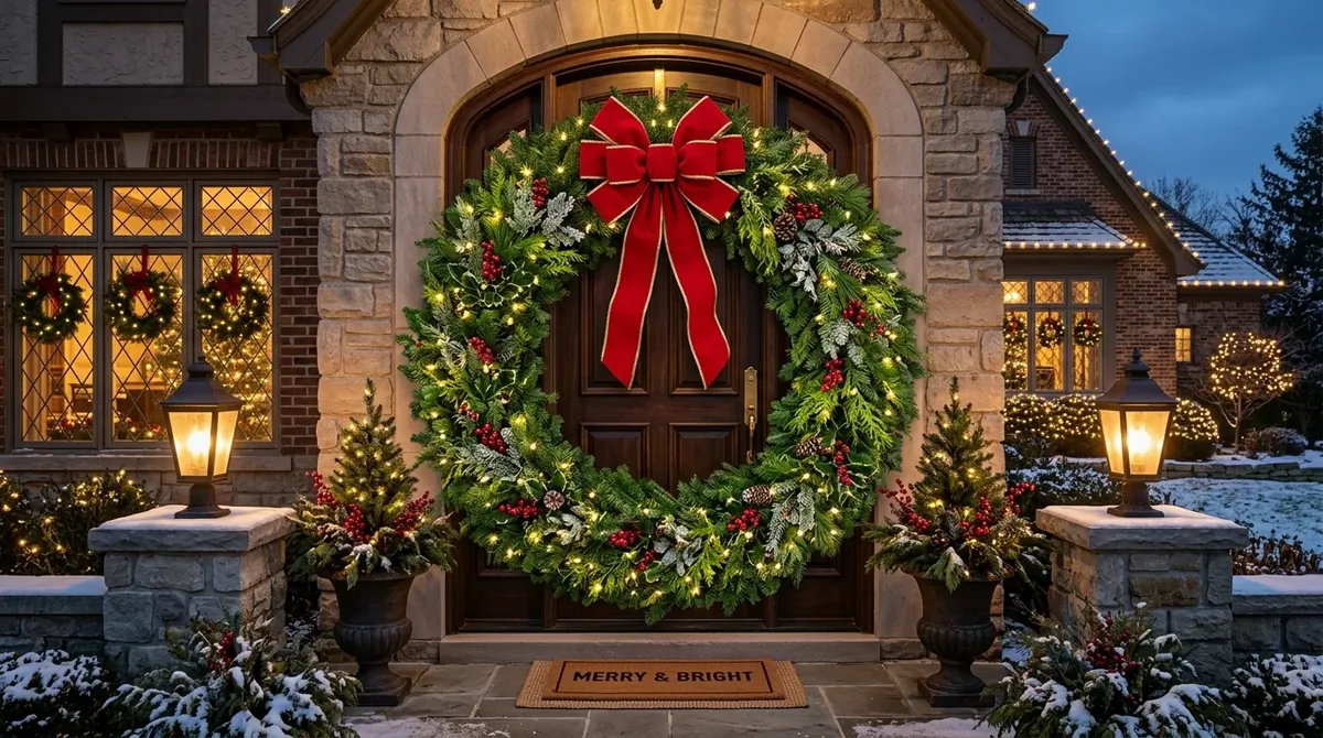 Oversized Christmas wreath with dense greenery, giant red bow, and woven fairy lights.