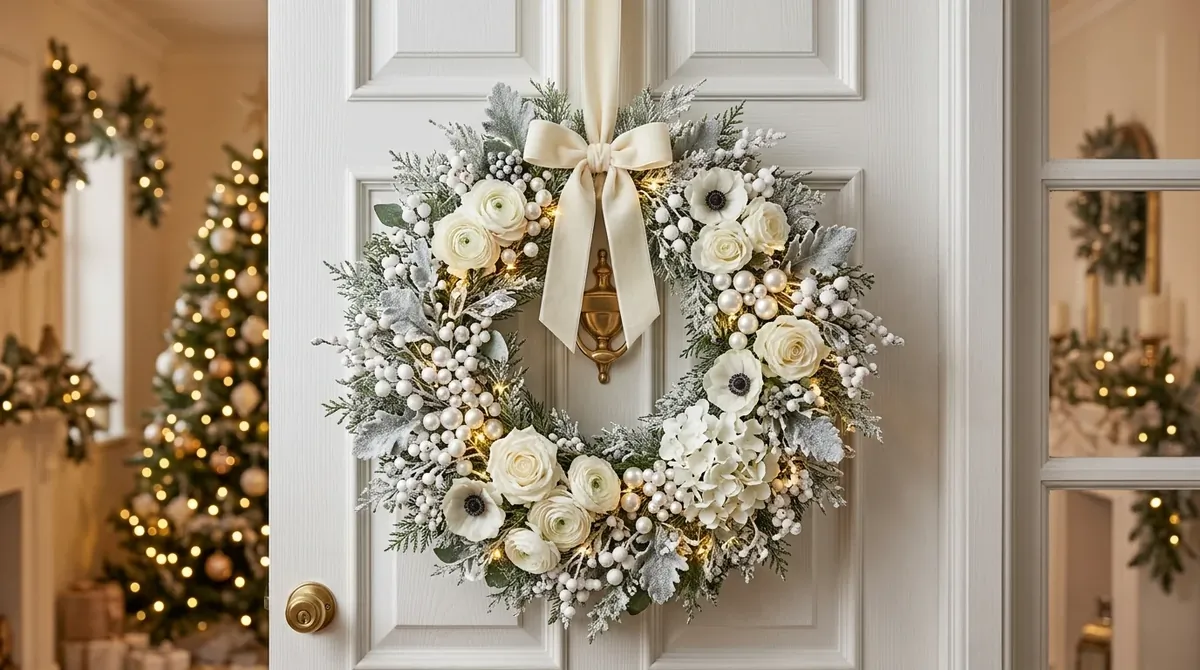 Elegant white Christmas wreath with white florals, frosted leaves, pearl accents, and soft warm lights.