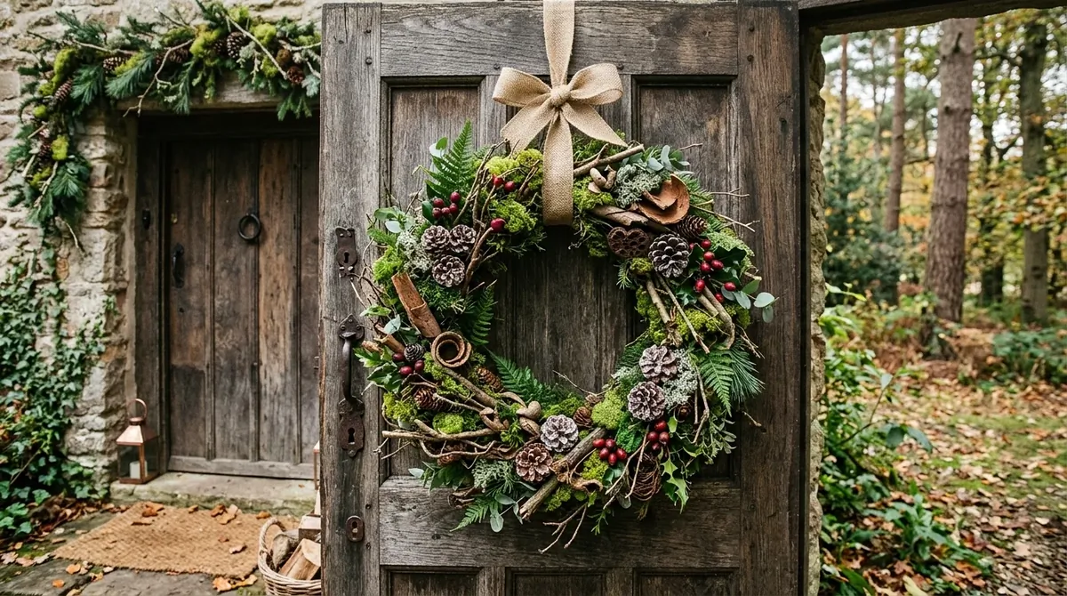 Woodland-inspired Christmas wreath with mossy greens, pinecones, twigs, and forest textures.