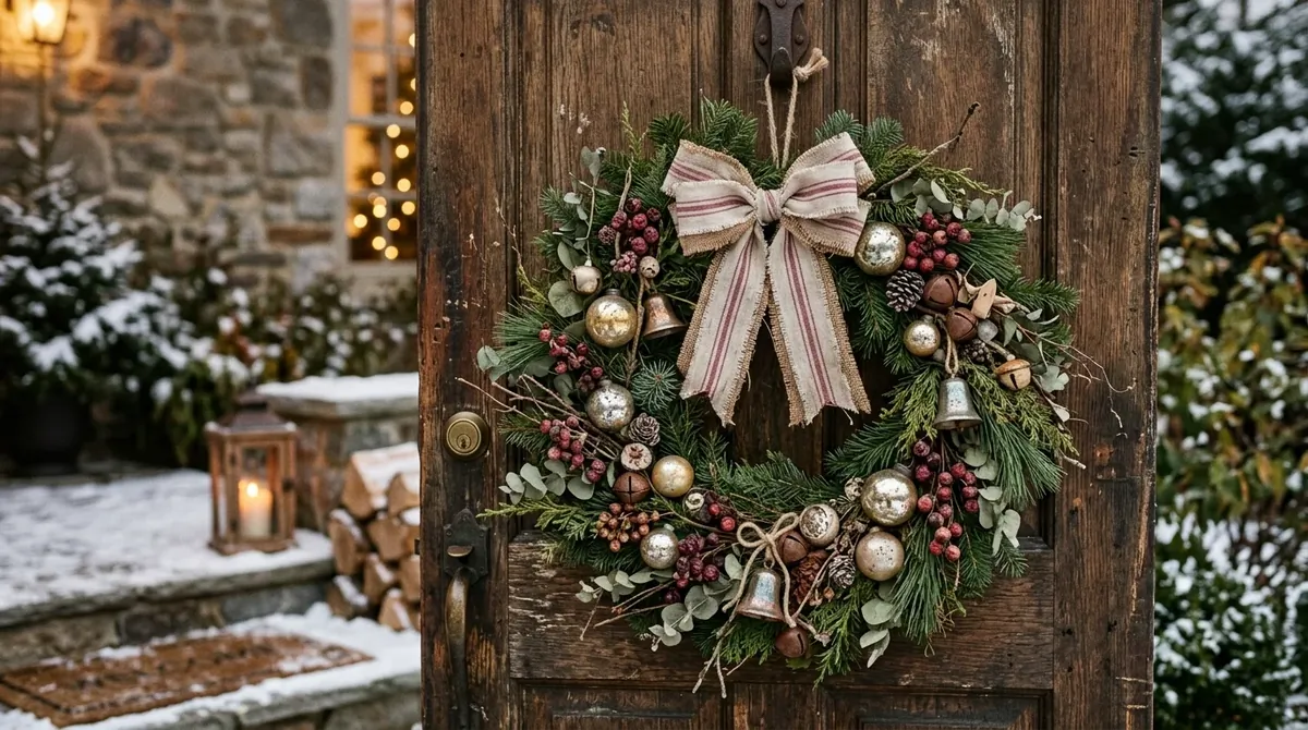Vintage Christmas wreath with antique ornaments, faded berries, distressed ribbon, and nostalgic charm.