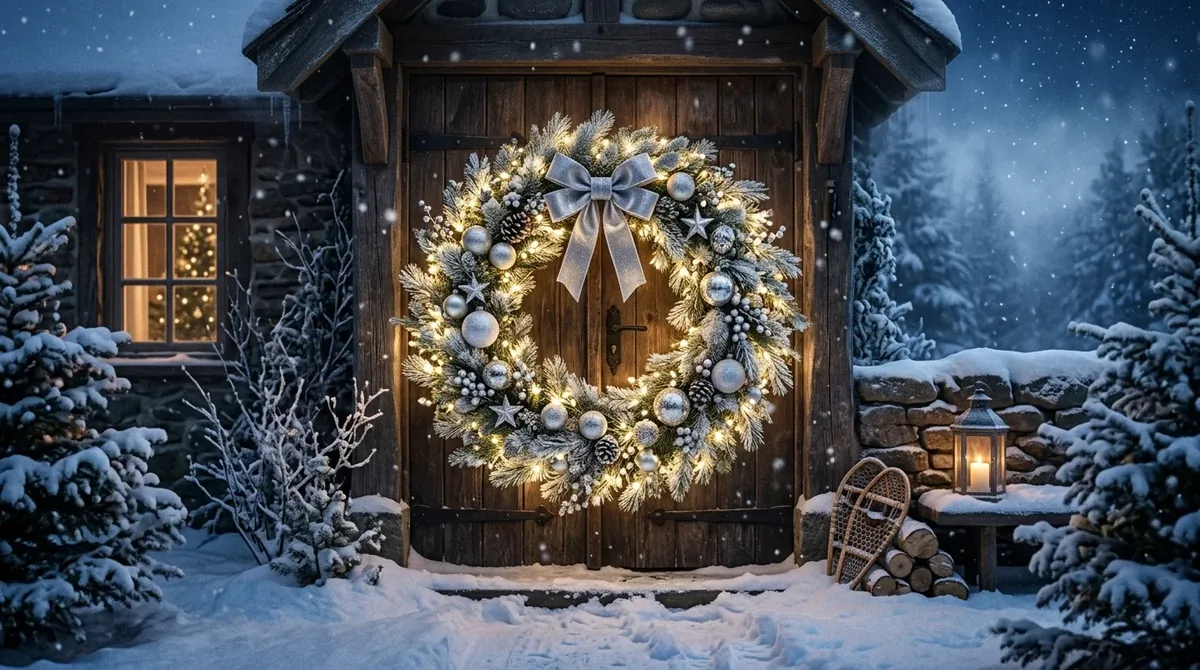 Snowy glowing wreath with frosted pine, warm fairy lights, silver ornaments, and magical winter mood.