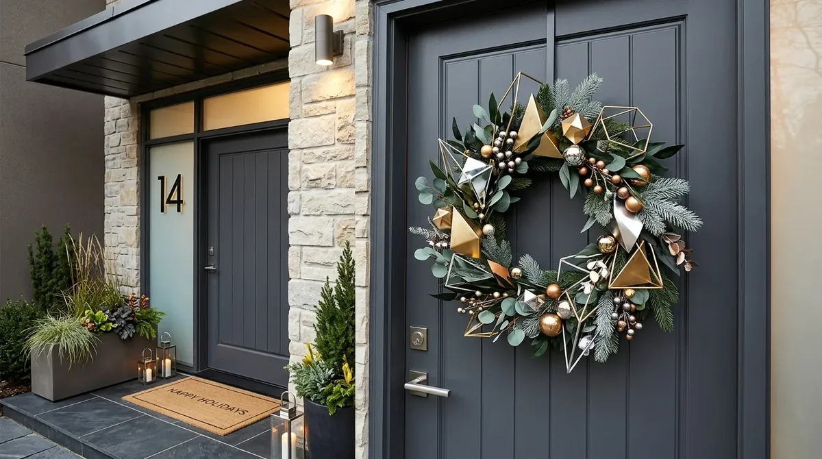 Contemporary metallic wreath with chrome and gold accents, geometric shapes, and sleek holiday styling.