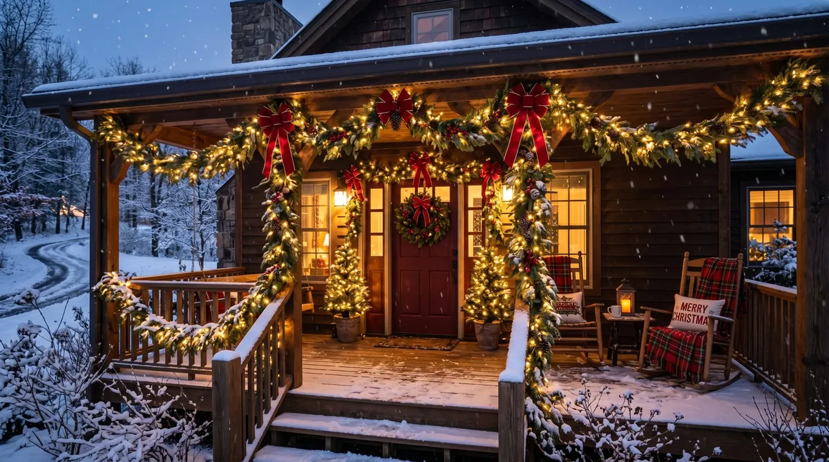 Festive Christmas front porch with wreath, garland, lanterns, lights, and holiday planters.