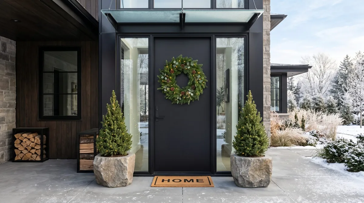 Christmas front porch with red ribbons, greenery, and bright holiday accents.