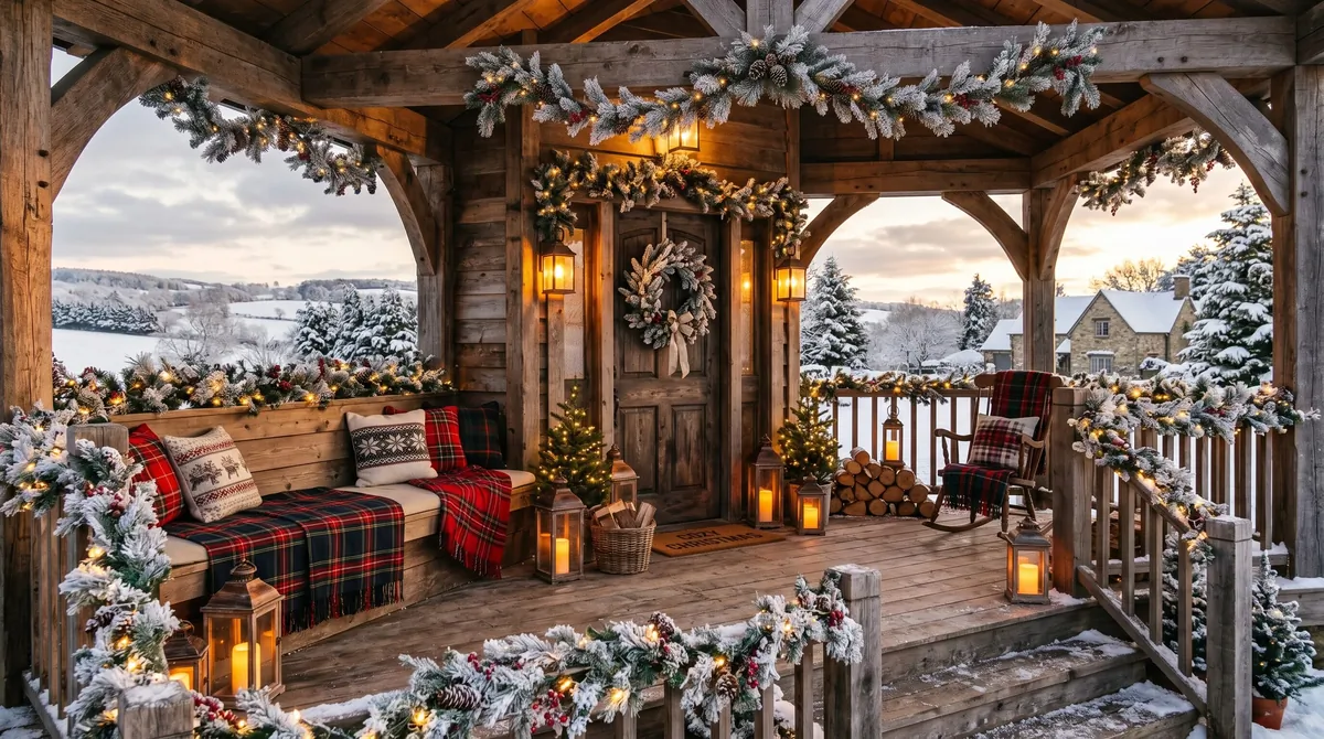 Farmhouse Christmas porch with wood signs, evergreen trees, lanterns, and plaid.