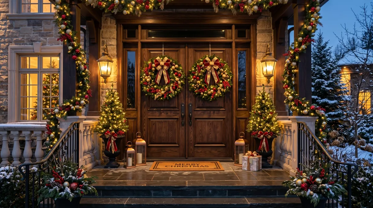Christmas porch with mini trees flanking the door and glowing lights.