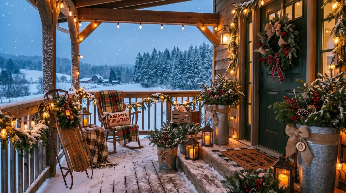 Neutral Christmas porch with white accents, greenery, baskets, and soft holiday decor.