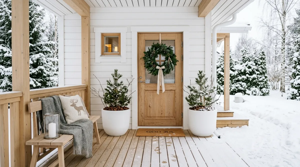 Christmas porch with candy cane accents, red decor, garland, and cheerful details.