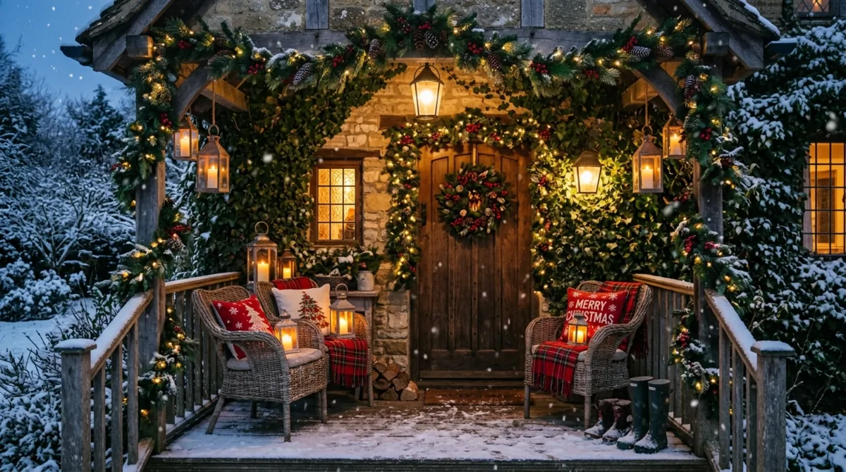 Christmas porch bench with pillows, blankets, greenery, and lanterns.