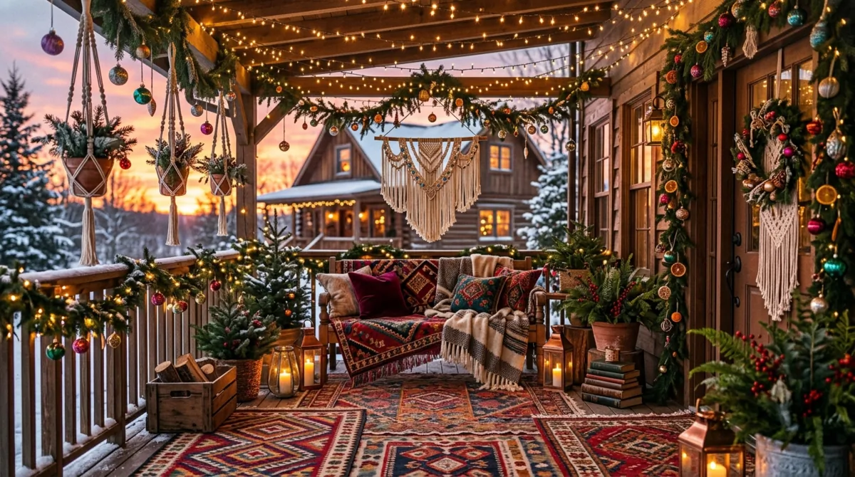 Snowy Christmas porch with evergreen wreath, garland, lights, and planters.