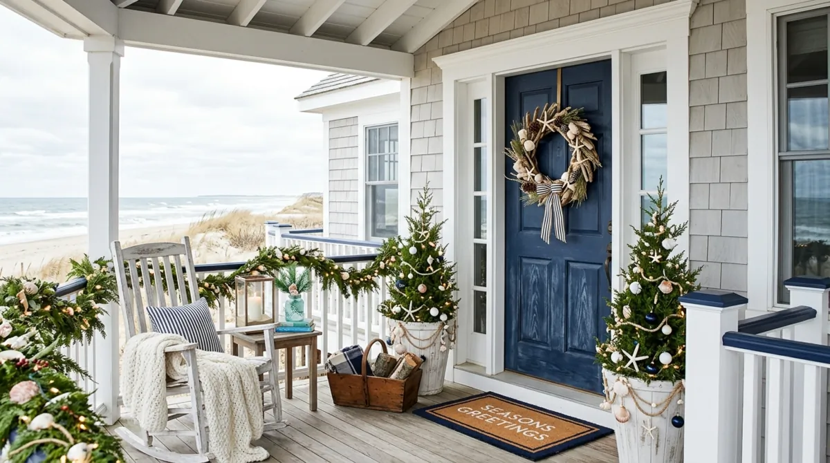 Christmas porch with gold accents, greenery, wreath, and elegant lighting.