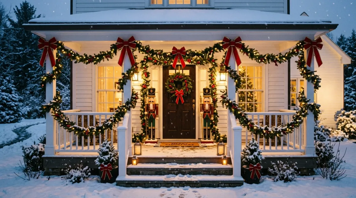 Rustic Christmas porch with crates, small trees, lanterns, and wood decor.