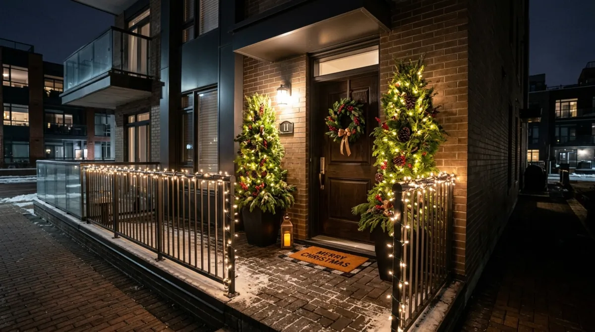 Modern Christmas porch with black door, simple wreath, planters, and clean lights.