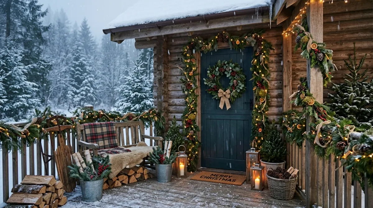 Christmas porch with vintage sled, wreath, greenery, and nostalgic holiday accents.
