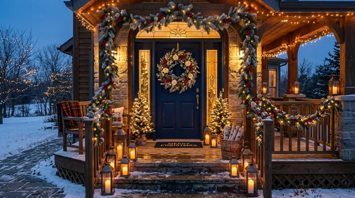 Christmas porch with plaid ribbons, pillows, wreath, and festive entry details.