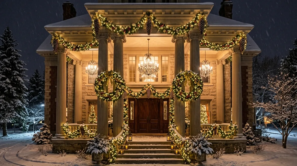 Christmas porch steps lined with lanterns, greenery, lights, and festive planters.