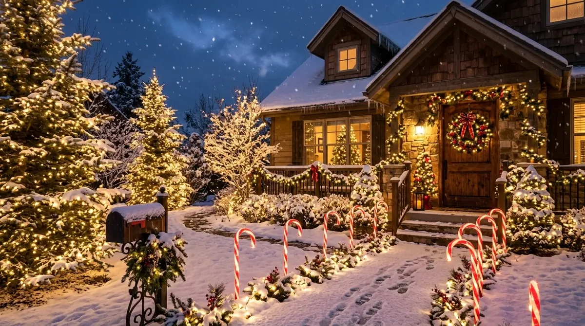 Outdoor Christmas display with pathway candy canes, lit trees, wreath, and snowy evening glow.