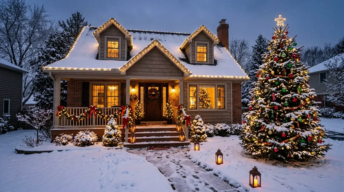 Cozy suburban house with roofline lights, garlands on porch, lanterns, and a snowy yard tree.