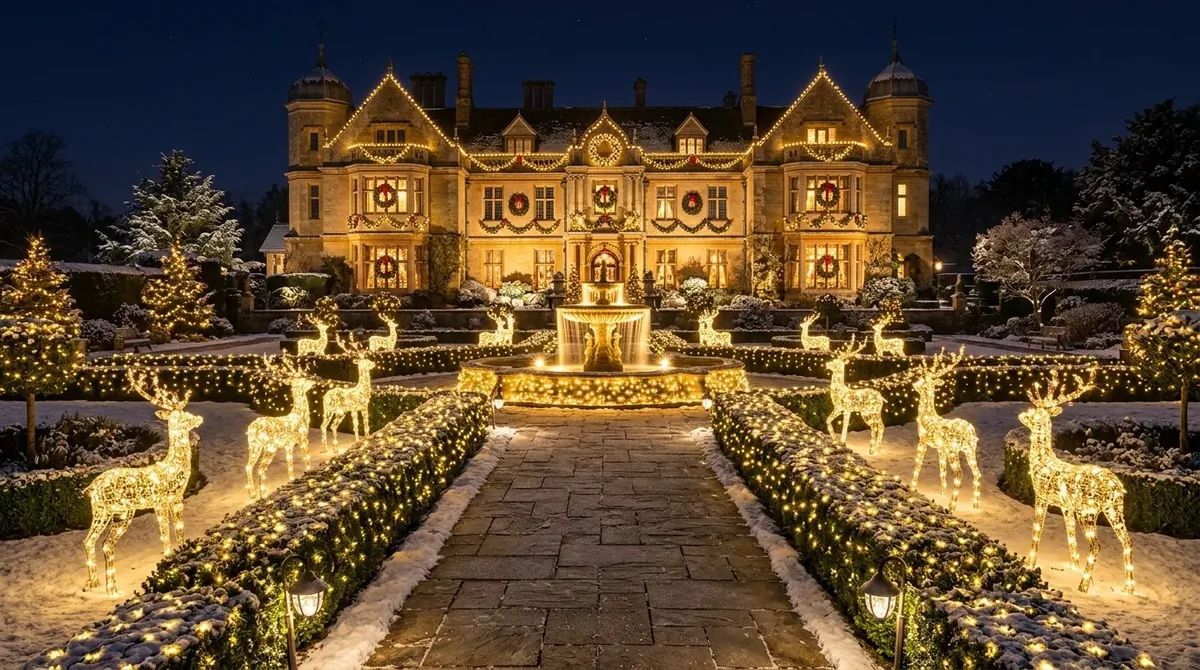 Luxury outdoor Christmas scene with lit hedges, reindeer sculptures, fountain centerpiece, and grand holiday lighting.
