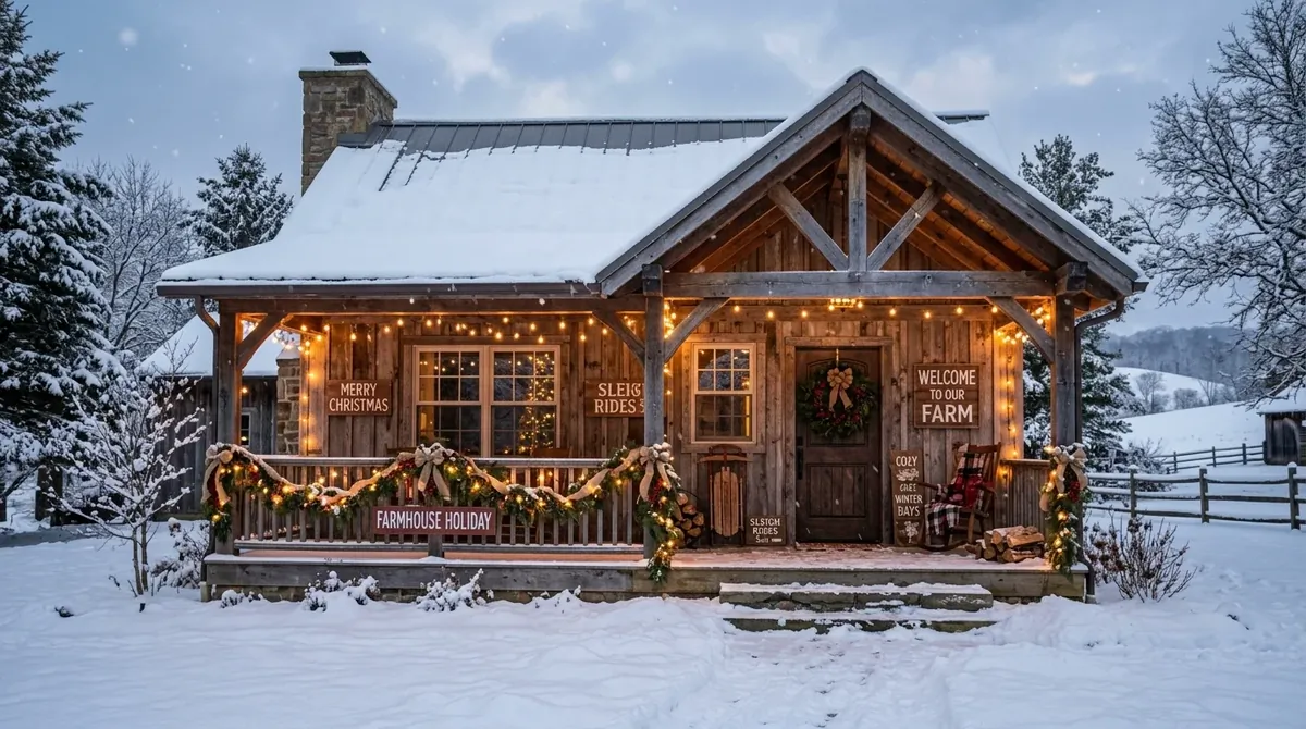 Rustic farmhouse decorated with wood signs, burlap garlands, pine wreaths, and snow-covered porch.
