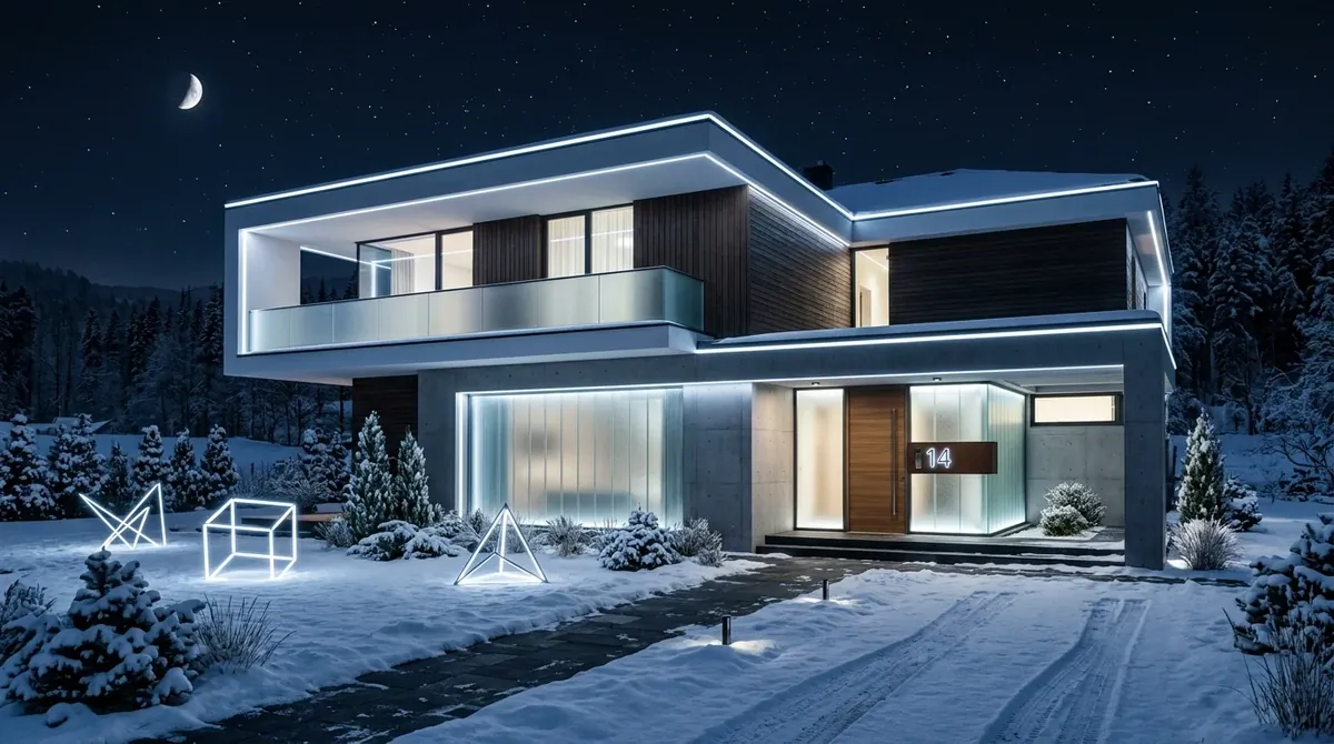 Modern house with cool white LED outlines, geometric yard lights, and minimalist Christmas styling.