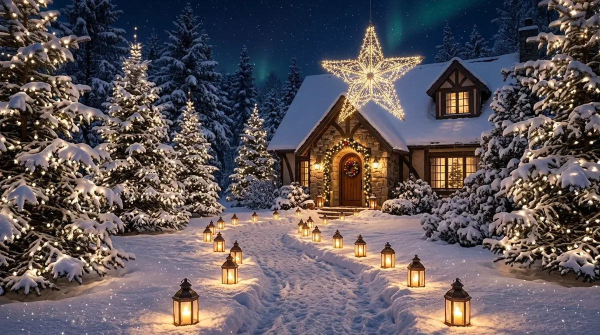 Snowy Christmas pathway with lanterns, lit pine trees, and a glowing star above the doorway.
