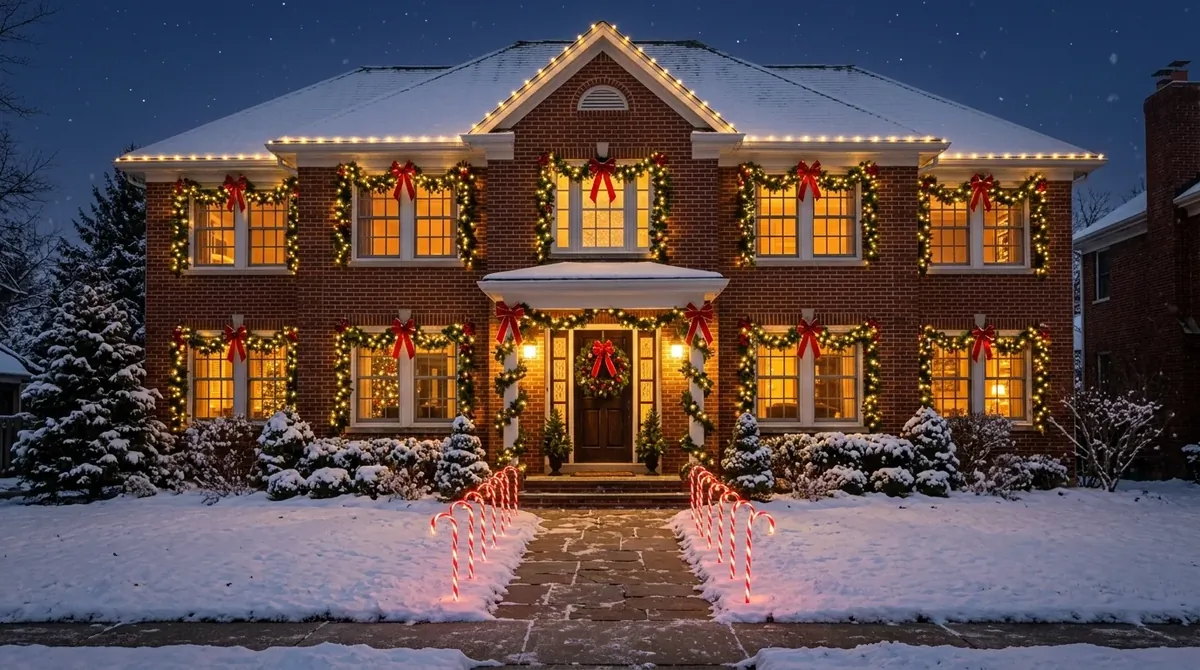 Traditional red brick house with evergreen garlands, red bows, wreath, and candy cane pathway lights.