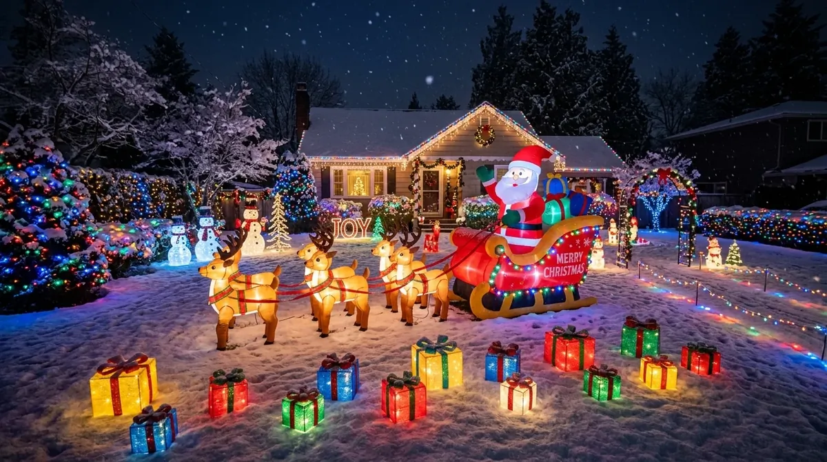 Whimsical Christmas yard with inflatable Santa scene, glowing gift boxes, and colorful twinkling lights.
