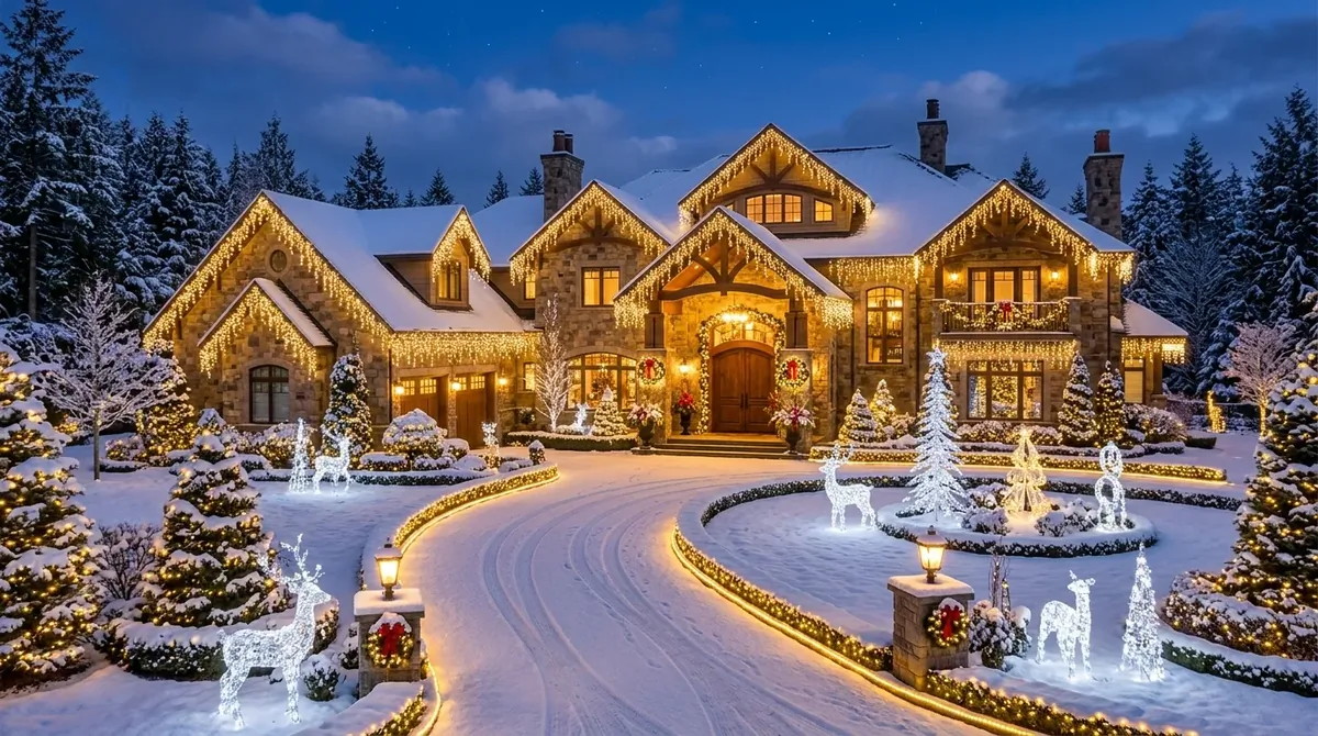 Luxury mansion with icicle lights, crystal-like sculptures, snowy gardens, and golden-lit drive.