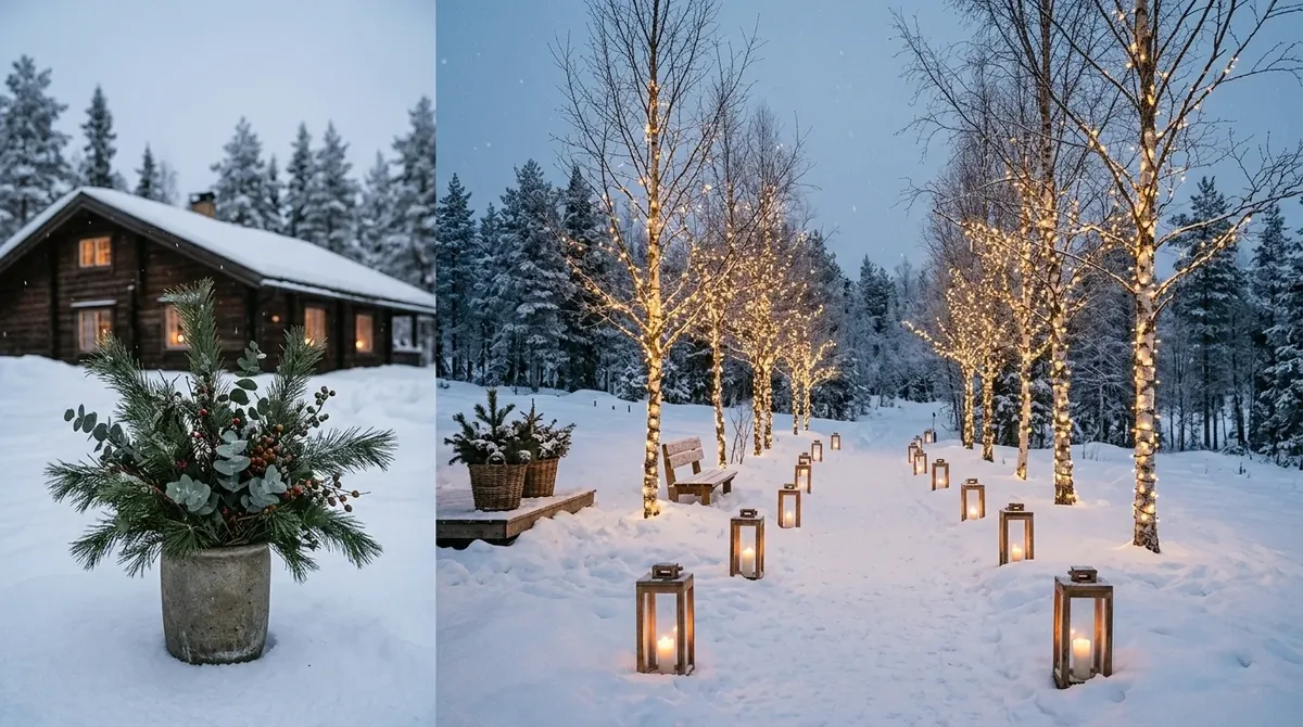 Scandinavian-inspired outdoor Christmas decor with simple pine arrangements, fairy lights, and wood lanterns in snow.