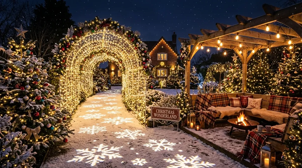 Backyard Christmas wonderland with archway tunnel of lights, decorated fir trees, and illuminated seating area.