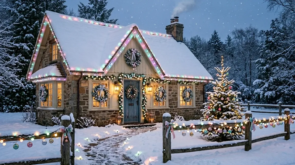 Charming cottage with pastel holiday lights, frosted wreaths, glowing roofline, and small decorated pine tree.