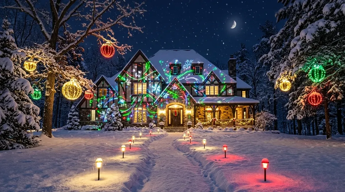 Outdoor Christmas scene with laser projections, giant illuminated ornaments, pathway stakes, and snowy night sky.