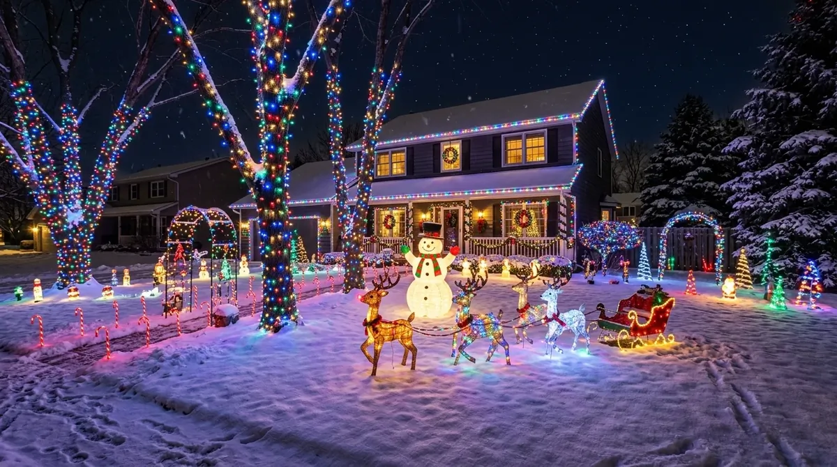 Suburban yard with colorful Christmas lights, glowing snowman, animated reindeer, and festive winter night atmosphere.