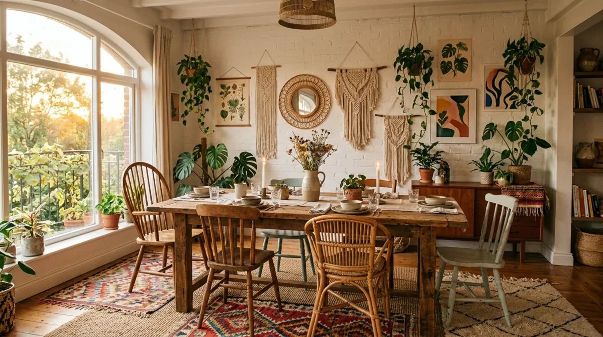 Boho dining room with reclaimed wood table, mismatched chairs, woven rugs, and macrame wall hanging.