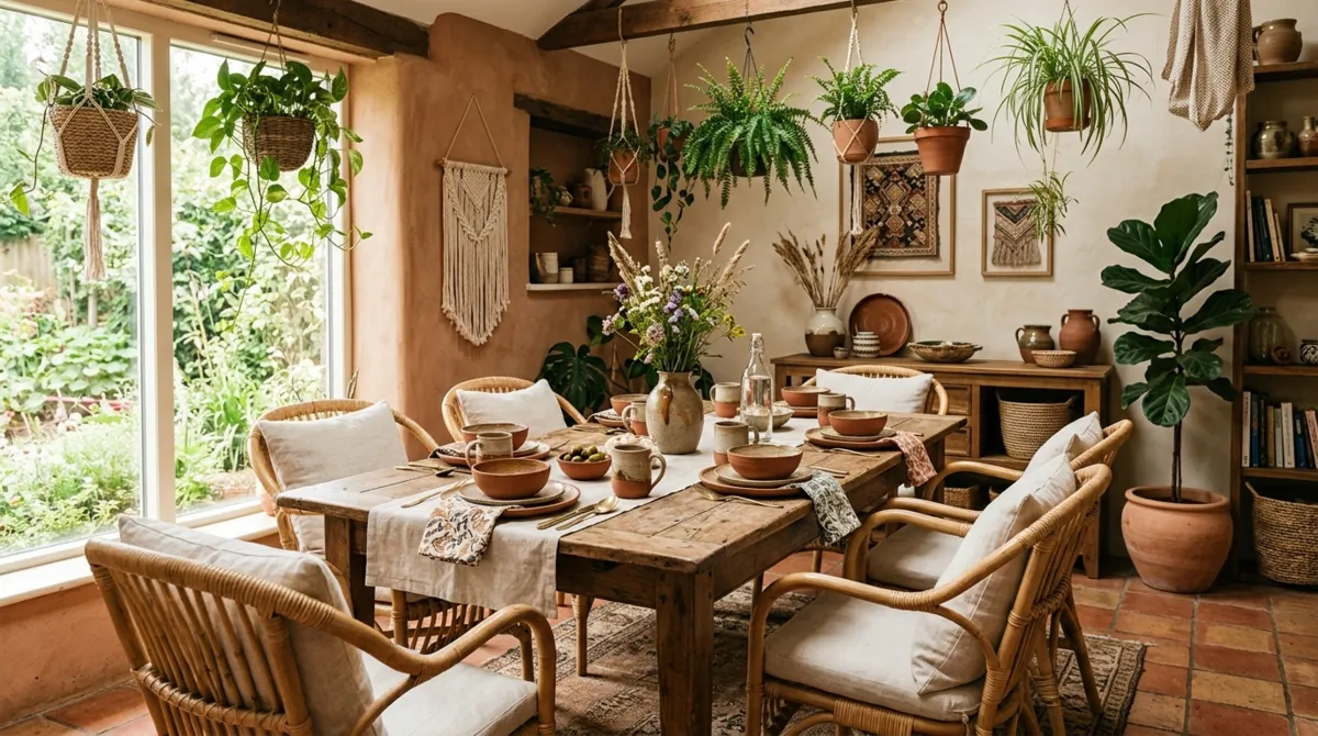 Bohemian dining space with rattan chairs, terracotta accents, plants, and ceramic tableware.