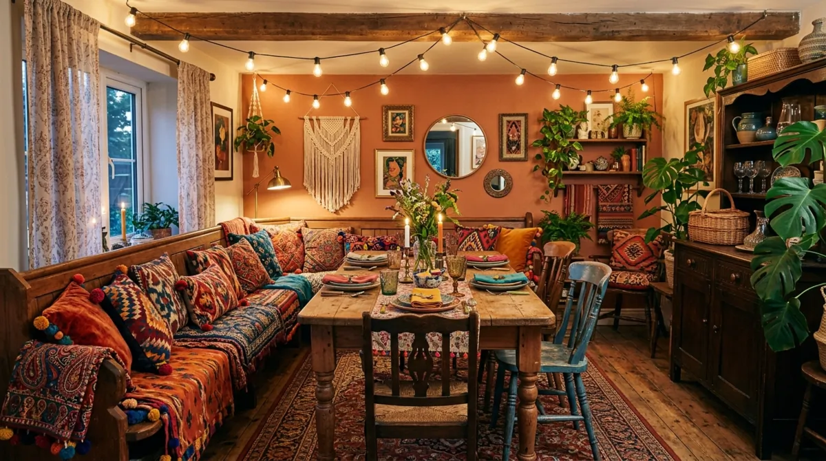 Colorful boho dining room with patterned textiles, cushions, vintage furniture, and string lights.
